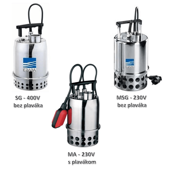 Prevedenia čerpadiel, verzia SG - 400V bez plaváka, MSG - 230V bez plaváka, MA - 230V s plavákom