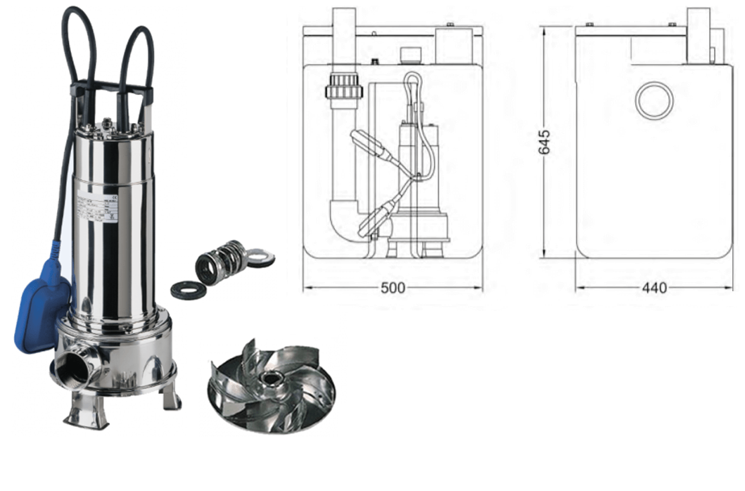 Nerezové čerpadlo Right 100MA, s nerezovým obežným kolom a dvojitou mechanickou upchávkou. Rozmery boxu: 500x645x440mm, Pripojenie: vstupné hrdlo DN100, výtlačné potrubie ø50/63